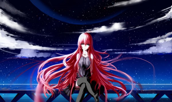 Anime picture 1280x760 with vocaloid megurine luka wsxmax single long hair looking at viewer fringe blue eyes wide image sitting pink hair sky cloud (clouds) night alternate costume zettai ryouiki night sky crossed legs girl thighhighs
