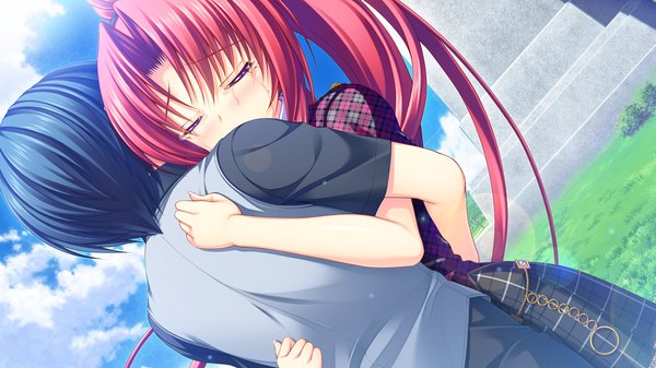 Anime picture 1280x720 with re:birth colony rindou ruri (re:birth colony) asami asami long hair short hair black hair wide image game cg ponytail red hair eyes closed hug girl boy