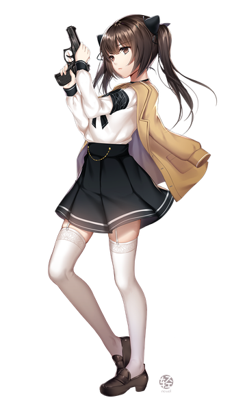 Anime picture 1054x1750 with original mallizmora single long hair tall image fringe hair between eyes brown hair standing twintails holding brown eyes looking away full body pleated skirt transparent background clothes on shoulders trigger discipline girl thighhighs