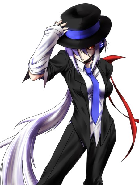 Anime picture 768x1024 with vocaloid real life yowane haku michael jackson jin (mugenjin) single tall image looking at viewer simple background red eyes white background silver hair very long hair adjusting hat michael jackson (cosplay) girl hat necktie suit