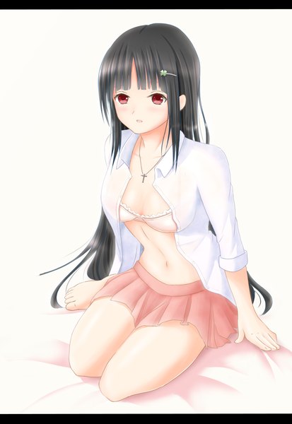 Anime picture 706x1025 with original tanpaku-chan single long hair tall image blush light erotic black hair simple background red eyes white background sitting open clothes open shirt girl skirt navel shirt lingerie bra