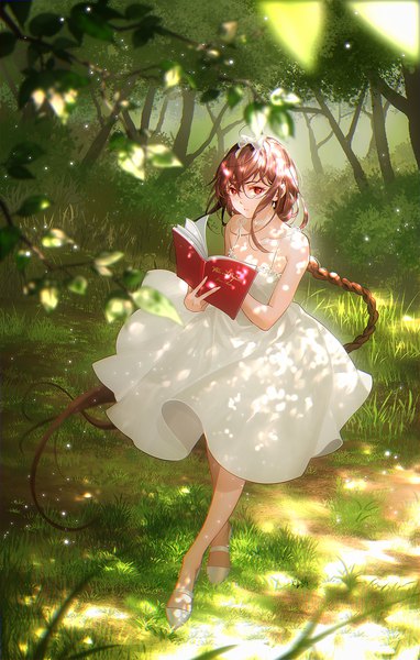 Anime picture 1273x2000 with vocaloid vocaloid china yuezheng ling tidsean single tall image looking at viewer fringe breasts hair between eyes red eyes brown hair standing bare shoulders holding full body outdoors braid (braids) parted lips mole