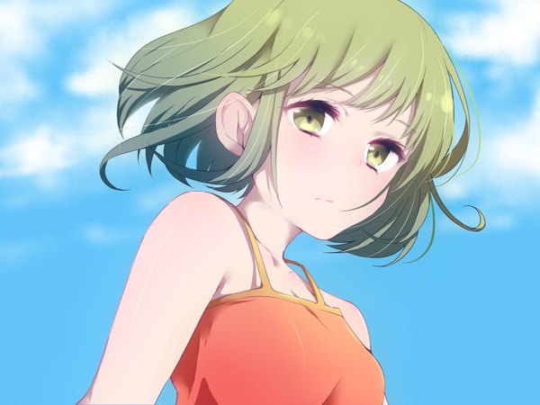 Anime picture 1600x1200 with vocaloid gumi fuu (07199382) single looking at viewer blush fringe short hair bare shoulders green eyes sky cloud (clouds) green hair girl tank top