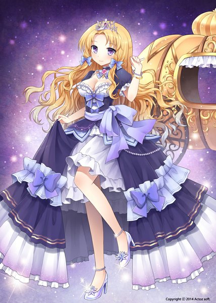 Anime picture 720x1008 with original mauve single tall image looking at viewer blush blonde hair purple eyes girl dress bow hair bow bracelet crown