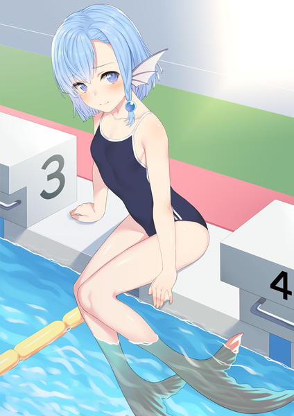 Anime picture 1000x1414 with original takunomi single tall image looking at viewer blush fringe short hair blue eyes light erotic smile sitting bare shoulders blue hair full body bent knee (knees) indoors arm support soaking feet asymmetrical hair