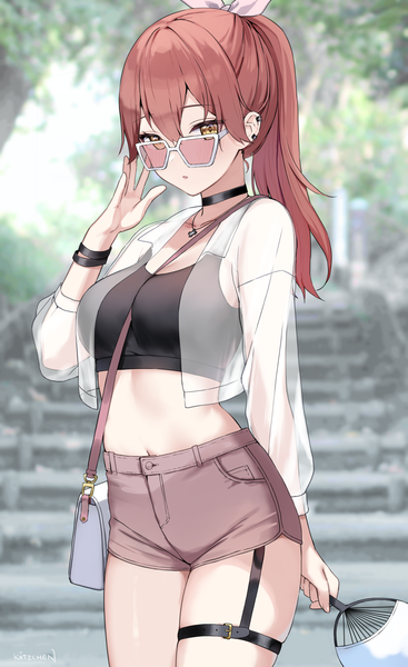 Anime picture 2888x4725 with original liliya (kaetzchen) kaetzchen single long hair tall image looking at viewer fringe highres open mouth hair between eyes standing holding yellow eyes outdoors ponytail red hair blurry open clothes midriff