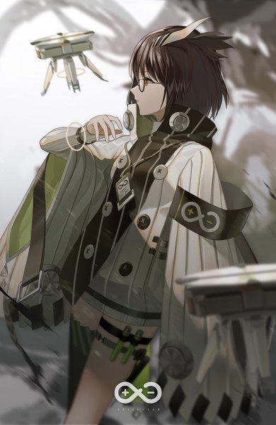 Anime picture 1330x2048 with arknights silence (arknights) gomibukurokarasu single tall image short hair brown hair standing brown eyes looking away profile arm up expressionless girl glasses drone