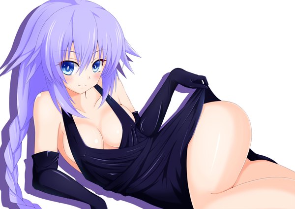 Anime picture 2259x1600 with choujigen game neptune purple heart tamaki (tamaki pic) single long hair looking at viewer blush highres breasts blue eyes light erotic smile white background purple hair ass braid (braids) girl dress gloves elbow gloves