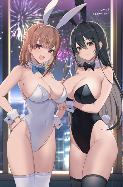 Anime picture 2955x4501 with original ikomochi long hair tall image looking at viewer blush fringe highres short hair breasts open mouth light erotic black hair hair between eyes brown hair large breasts standing purple eyes bare shoulders multiple girls