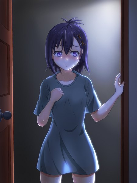 Anime picture 960x1280 with gabriel dropout doga kobo tsukinose vignette april kannazuki kenji single tall image blush fringe short hair light erotic hair between eyes standing purple eyes looking away purple hair embarrassed hand on chest see-through silhouette girl hairclip