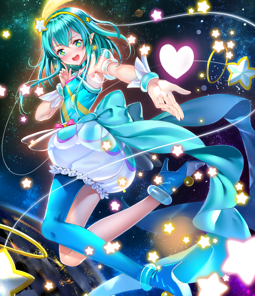 Anime picture 1102x1281 with precure star twinkle precure toei animation hagoromo lala cure milky swordsouls single long hair tall image looking at viewer blush fringe open mouth hair between eyes full body bent knee (knees) aqua eyes pointy ears aqua hair high heels
