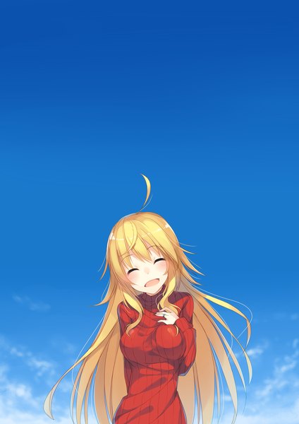 Anime picture 1280x1810 with idolmaster idolmaster (classic) hoshii miki 7zu7 single long hair tall image blush open mouth blonde hair sky cloud (clouds) ahoge eyes closed girl sweater