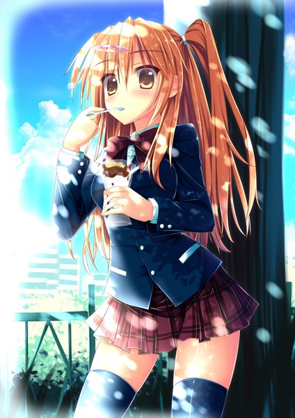 Anime picture 1500x2121 with chuunibyou demo koi ga shitai! kyoto animation nibutani shinka angel koman single long hair tall image looking at viewer blush blonde hair yellow eyes sky cloud (clouds) one side up girl thighhighs skirt uniform hair ornament black thighhighs