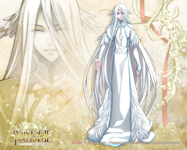 Anime picture 1280x1024 with wand of fortune 2 idea factory valrohona usuba kagerou single looking at viewer blue eyes smile white hair eyes closed very long hair inscription official art head wings boy wings feather (feathers) mantle