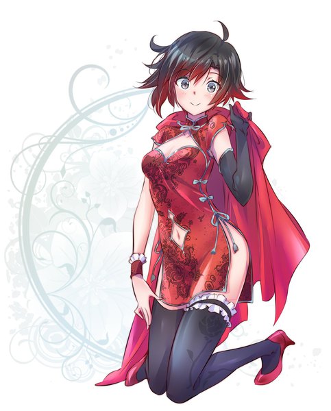 Anime picture 1160x1440 with rwby rooster teeth ruby rose iesupa single tall image looking at viewer fringe short hair breasts light erotic black hair simple background smile white background cleavage full body ahoge red hair traditional clothes