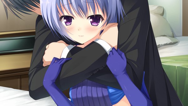 Anime picture 1920x1080 with berry's long hair looking at viewer blush highres wide image purple eyes game cg grey hair hug girl dress boy gloves elbow gloves