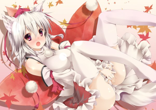 Anime picture 2480x1753 with touhou inubashiri momiji nironiro single blush highres short hair breasts open mouth light erotic purple eyes bare shoulders animal ears white hair tail lying dog ears dog tail girl thighhighs