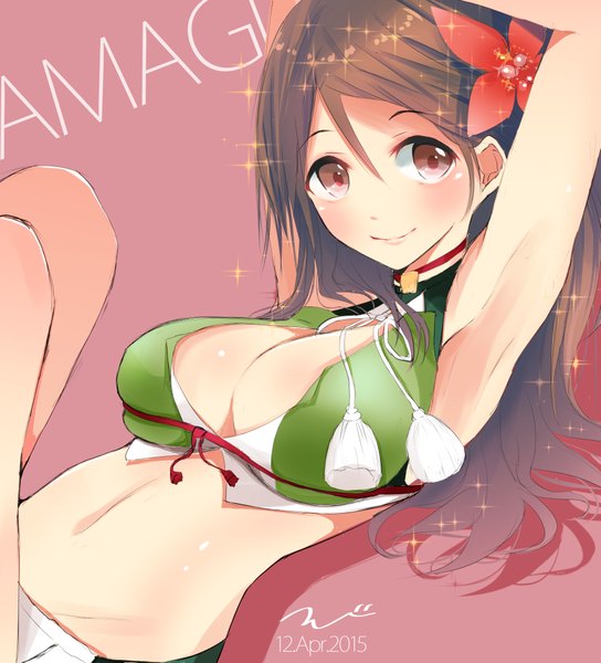 Anime picture 1915x2111 with kantai collection amagi (kantai collection) tebi (tbd11) single long hair tall image looking at viewer blush highres breasts light erotic simple background smile brown hair bare shoulders brown eyes bent knee (knees) hair flower arms up bare legs