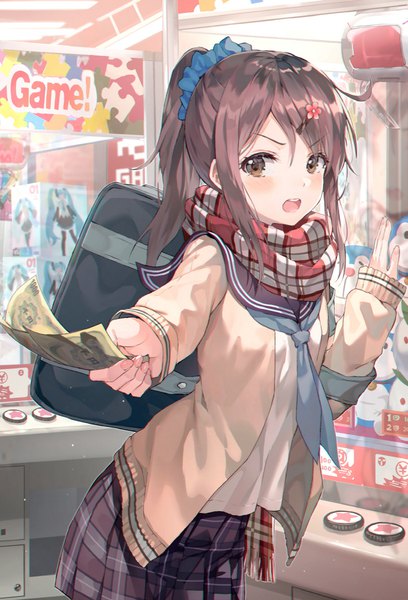 Anime picture 817x1200 with original huwari (dnwls3010) single long hair tall image looking at viewer blush fringe open mouth brown hair standing brown eyes payot ponytail indoors long sleeves hair flower open clothes plaid skirt outstretched hand