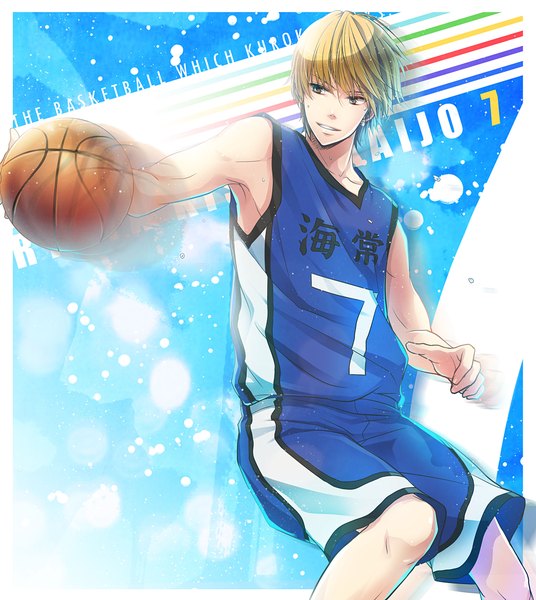 Anime picture 2089x2338 with kuroko no basket production i.g kise ryouta chaa (artist) single tall image highres short hair blonde hair yellow eyes sweat border basketball boy uniform gym uniform basketball ball basketball uniform