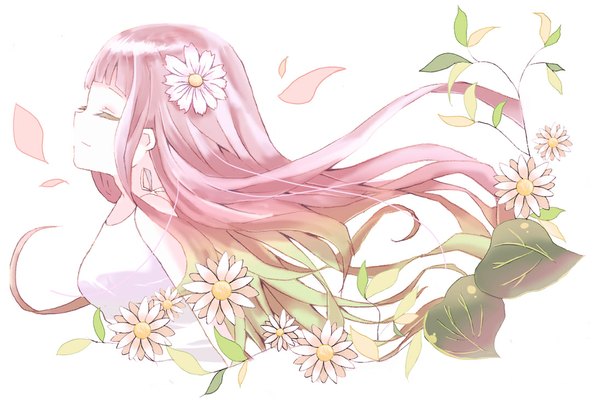 Anime picture 1096x731 with original nagitoki single long hair simple background white background bare shoulders pink hair eyes closed profile hair flower wind girl hair ornament flower (flowers) plant (plants) petals leaf (leaves)
