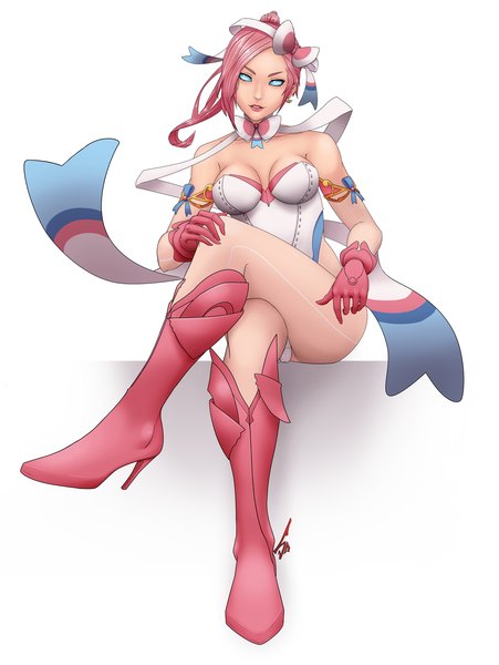 Anime picture 1280x1701 with pokemon nintendo sylveon scyfon single long hair tall image breasts blue eyes light erotic simple background white background sitting pink hair high heels crossed legs girl gloves hair ornament bow