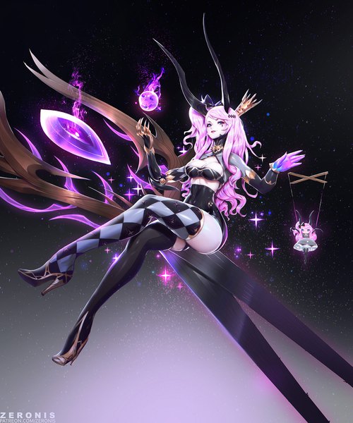 Anime picture 1600x1920 with deathverse (zeronis) original lilith (deathverse) paul (shiramune) single long hair tall image looking at viewer blue eyes light erotic smile signed pink hair full body horn (horns) high heels legs lipstick one side up gradient background