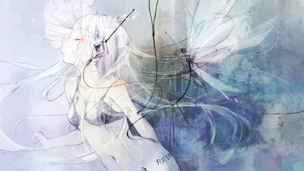 Anime picture 1488x838 with original yuugure akane single long hair blush light erotic wide image bare shoulders white hair eyes closed profile abstract girl navel wire (wires)