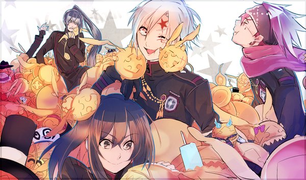 Anime picture 1820x1073 with d.gray-man allen walker kanda yuu lavi lenalee lee timcanpy sora (artist) long hair highres short hair open mouth black hair smile wide image white hair ponytail eyes closed very long hair one eye closed light smile