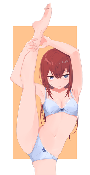 Anime picture 1500x2896 with steins;gate white fox makise kurisu kahlua single long hair tall image looking at viewer blush breasts light erotic simple background standing purple eyes payot red hair barefoot arms up armpit (armpits) underwear only