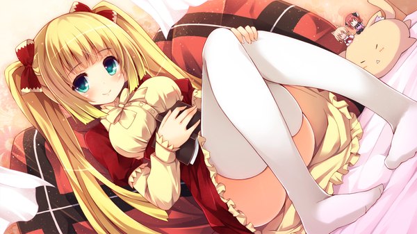 Anime picture 1920x1080 with original chiri (atlanta) single long hair blush highres light erotic blonde hair smile wide image sitting twintails green eyes l l girl thighhighs dress bow hair bow white thighhighs