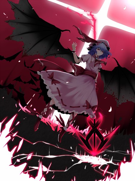 Anime picture 1350x1800 with touhou remilia scarlet rihito (usazukin) single tall image looking at viewer short hair red eyes blue hair bat wings girl dress bow weapon wings frills bonnet spear bat spear the gungnir