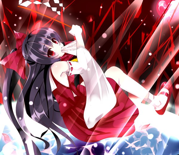 Anime picture 1500x1297 with touhou hakurei reimu kown (artist) single long hair looking at viewer fringe black hair red eyes bare shoulders girl dress skirt bow hair bow detached sleeves socks shoes white socks skirt set
