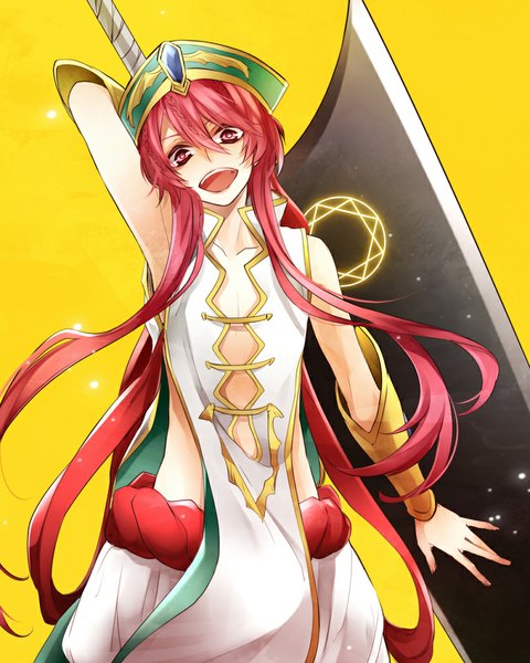 Anime picture 800x1000 with magi the labyrinth of magic a-1 pictures ren kouha rico (fbn3) single long hair tall image looking at viewer open mouth bare shoulders pink hair braid (braids) pink eyes yellow background boy weapon hat huge weapon huge sword
