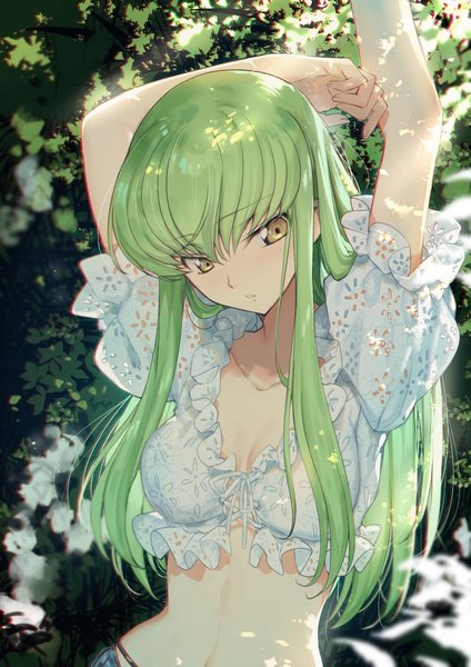 Anime picture 800x1131 with code geass sunrise (studio) c.c. creayus single long hair tall image looking at viewer fringe breasts hair between eyes yellow eyes payot cleavage upper body outdoors parted lips head tilt green hair sunlight