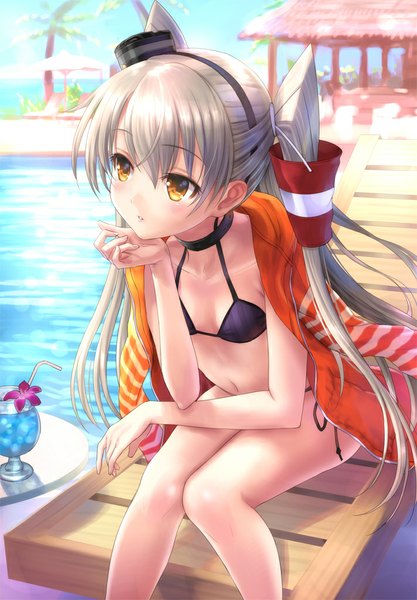 Anime picture 712x1024 with kantai collection amatsukaze destroyer goto p single long hair tall image blush light erotic sitting brown eyes looking away silver hair two side up summer chin rest girl navel hair ornament swimsuit plant (plants)