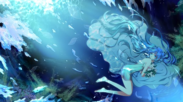 Anime picture 2200x1237 with vocaloid hatsune miku mariwai (marireroy) single long hair fringe highres light erotic wide image holding barefoot aqua eyes aqua hair bare legs alternate costume alternate hairstyle girl flower (flowers) petals bouquet
