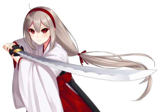 Anime picture 5846x4133 with original allenes single long hair looking at viewer blush fringe highres hair between eyes red eyes holding payot absurdres ahoge traditional clothes japanese clothes grey hair wide sleeves low ponytail miko