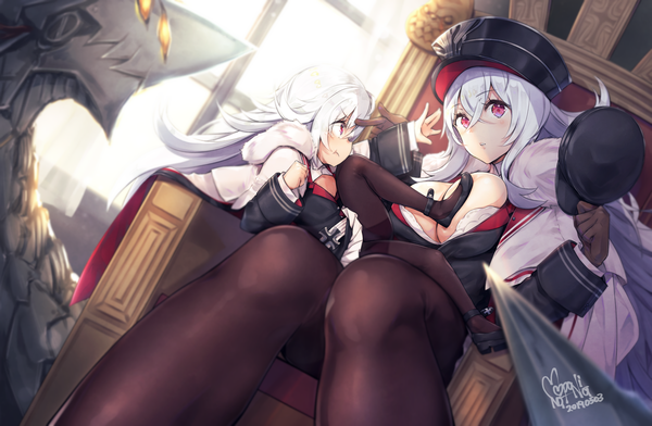Anime picture 2443x1600 with azur lane graf zeppelin (azur lane) zeppy (azur lane) pecolondon long hair looking at viewer blush fringe highres breasts light erotic hair between eyes red eyes large breasts sitting multiple girls holding signed cleavage silver hair