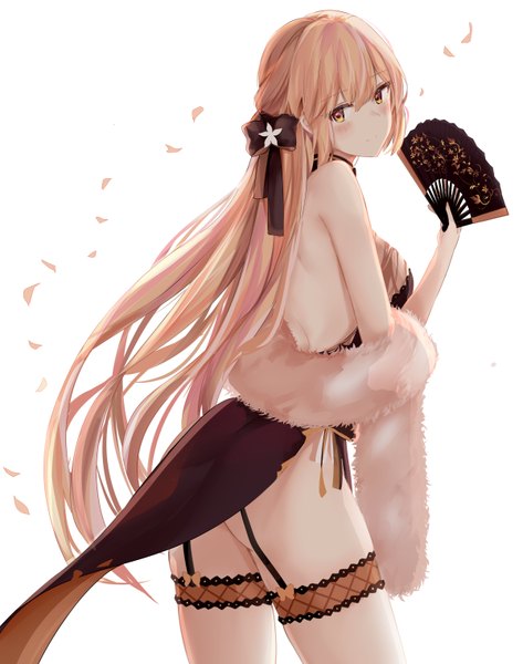 Anime picture 1200x1520 with girls frontline ots-14 (girls frontline) ots-14 (sangria succulent) (girls' frontline) ru zhai single long hair tall image looking at viewer blush fringe breasts light erotic simple background blonde hair hair between eyes standing white background twintails bare shoulders holding