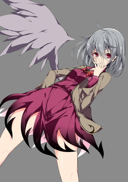 Anime picture 2480x3507 with touhou kishin sagume sakurame single tall image blush highres short hair simple background red eyes looking away grey hair grey background from below hand on hip hand on face single wing girl wings