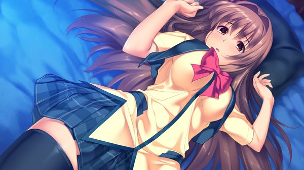 Anime picture 1024x576 with d-eve in you akatsuki shion long hair brown hair wide image brown eyes game cg girl thighhighs uniform black thighhighs school uniform