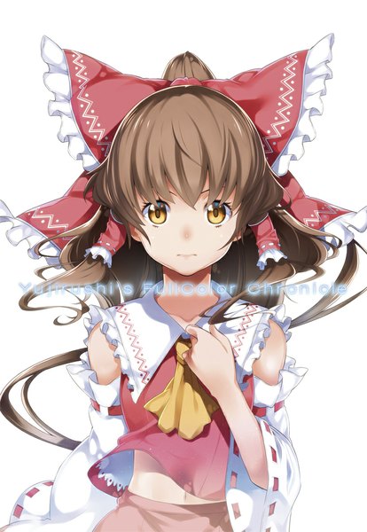 Anime picture 760x1100 with touhou hakurei reimu yuuzii single long hair tall image looking at viewer fringe simple background brown hair white background brown eyes ponytail traditional clothes japanese clothes text miko english girl hair ornament