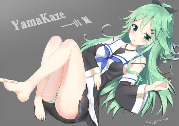 Anime picture 1697x1200 with kantai collection yamakaze (kantai collection) rong yi tan single long hair blush fringe light erotic hair between eyes green eyes looking away full body bent knee (knees) pleated skirt barefoot green hair wide sleeves bare legs reclining girl