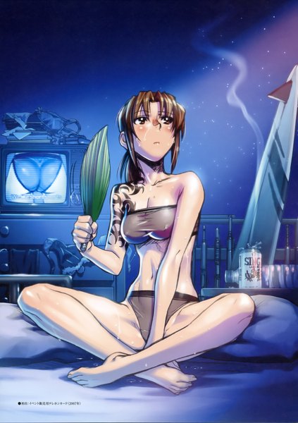 Anime picture 2503x3550 with black lagoon madhouse revy (black lagoon) hiroe rei single long hair tall image highres light erotic brown hair sitting bare shoulders brown eyes ass ponytail barefoot scan bare legs bare belly tattoo