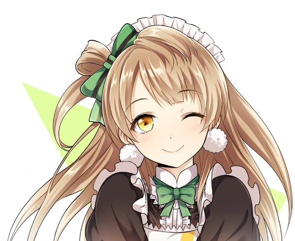 Anime picture 1024x837 with love live! school idol project sunrise (studio) love live! minami kotori mery (yangmalgage) single long hair looking at viewer blush simple background smile brown hair white background yellow eyes one eye closed wink hair bun (hair buns) one side up waitress girl