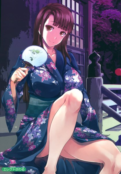 Anime picture 2446x3500 with melonbooks erect sawaru single long hair tall image looking at viewer highres light erotic brown hair brown eyes traditional clothes japanese clothes scan bare legs legs girl kimono fan