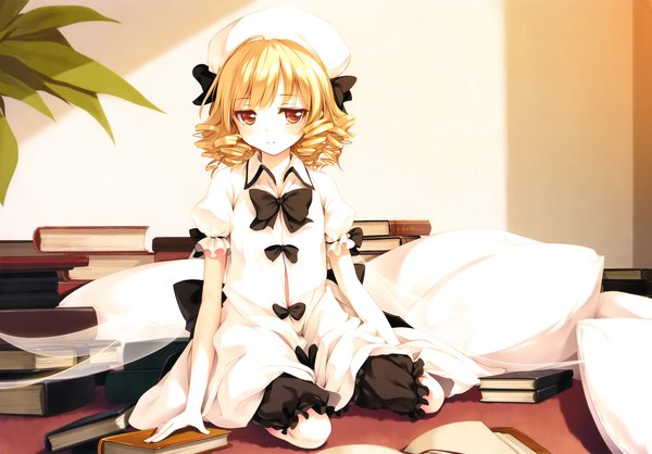 Anime picture 3371x2353 with touhou luna child ke-ta single looking at viewer blush highres short hair blonde hair sitting absurdres drill hair curly hair girl underwear bow ribbon (ribbons) hair bow hair ribbon hat