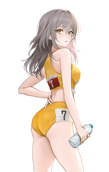 Anime picture 1750x2750 with honkai: star rail honkai (series) trailblazer (honkai: star rail) stelle (honkai: star rail) rity single long hair tall image looking at viewer fringe highres light erotic simple background hair between eyes standing white background bare shoulders holding yellow eyes ass