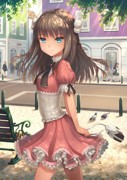 Anime picture 1527x2160 with original youbou single long hair tall image looking at viewer blue eyes black hair brown hair revision girl dress bow animal bird (birds) bag bench pigeon